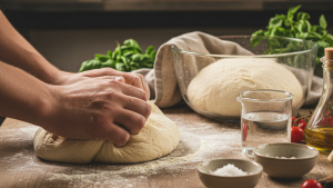 Obraz pokazujący tworzenie ciasta na pizzę