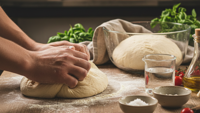 Obraz pokazujący tworzenie ciasta na pizzę
