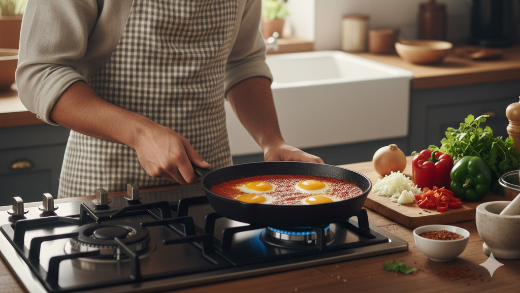 obraz przedstawiający osobę przygotowującą szakszukę