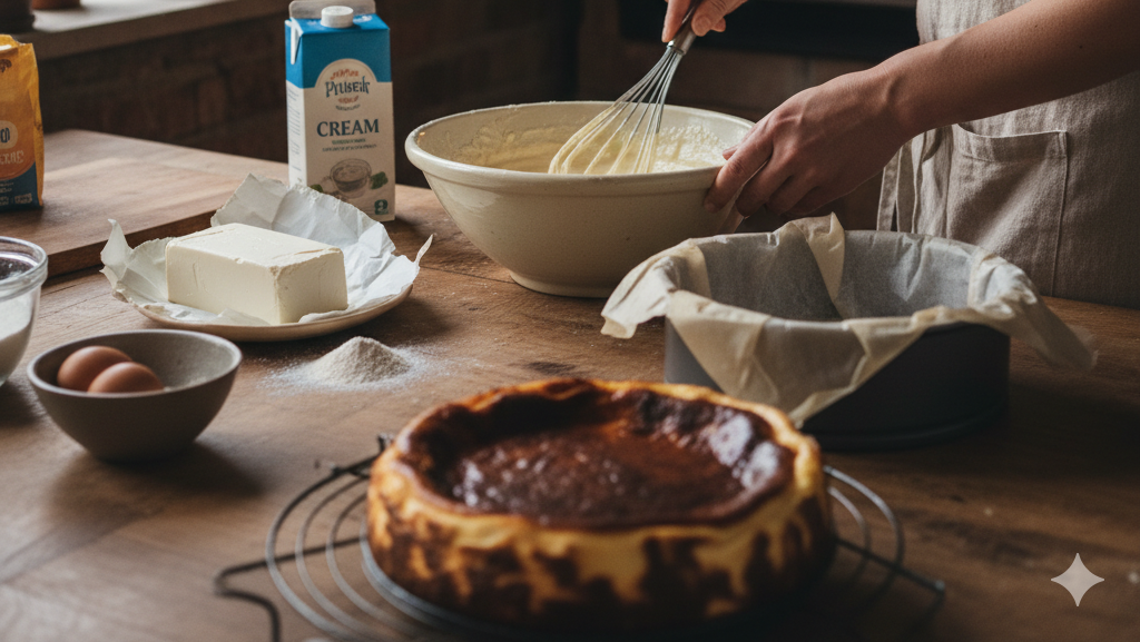 Obraz pokazujący osobę przygotowującą sernik baskijski
